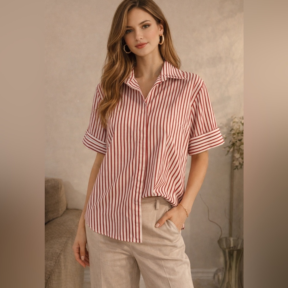 Anne Fontaine Red and White Striped Casual Shirt 46